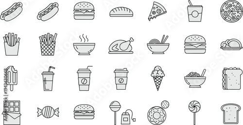 Fast food and snack line icons set, burger pizza fries coffee dessert collection, street food outline vector illustration