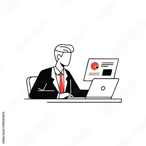 Man in suit at desk with laptop and charts, focused on work