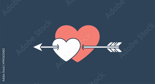 Two hearts pierced by a single white arrow are displayed against a dark blue background in this romantic symbol.