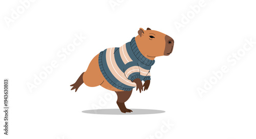Charming capybara mascot wearing a blue and white striped turtleneck sweater walks on its hind legs in this art.