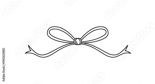 Delicate ribbon bow with long flowing ends is illustrated using a simple black outline for a classic decorative look.