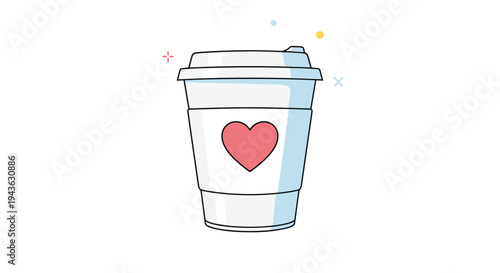 Paper coffee cup with a lid and a protective sleeve featuring a pink heart is shown in a clean vector style.
