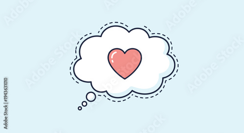 Round thought bubble on a light blue background contains a single pink heart representing love and affection.