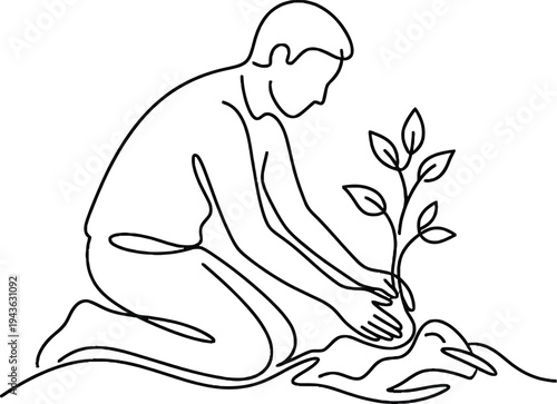 Man planting young green tree sapling on earth day symbol