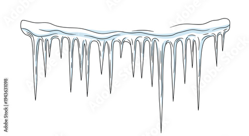 Row of sharp blue and white icicles hangs down from a snowy ledge in this detailed winter season illustration.