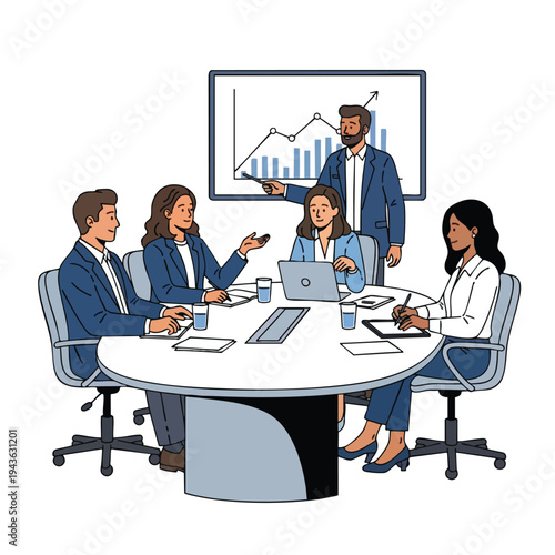 Diverse team collaborates around a table, a presenter points to a growth chart