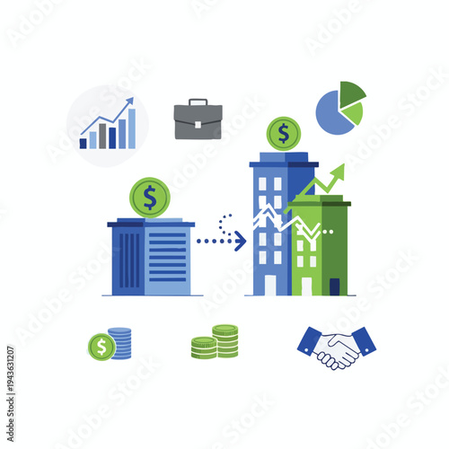 Buildings, coins, charts, briefcase, and handshake symbolize business growth and partnership