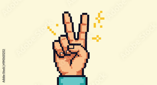 Pixel art hand gesture shows the peace or victory sign with two fingers raised and surrounded by yellow sparkles.
