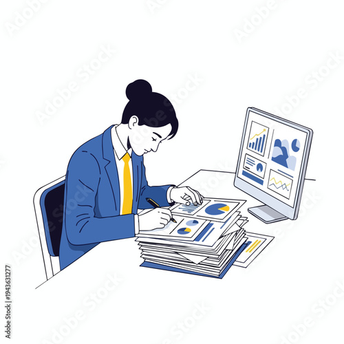 Woman in blue suit and yellow tie reviews charts and graphs