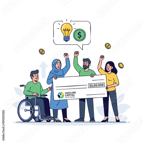 Diverse group celebrates $500,000 funding with a check, ideas, and money