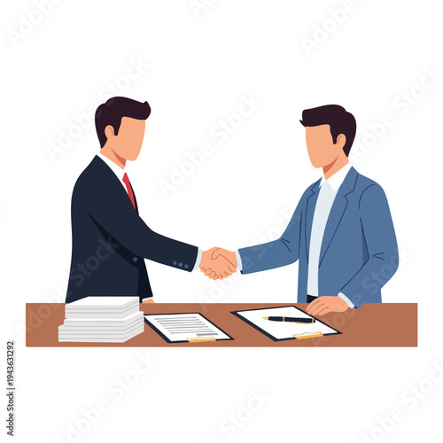 Two men in suits shake hands over a table with documents and papers