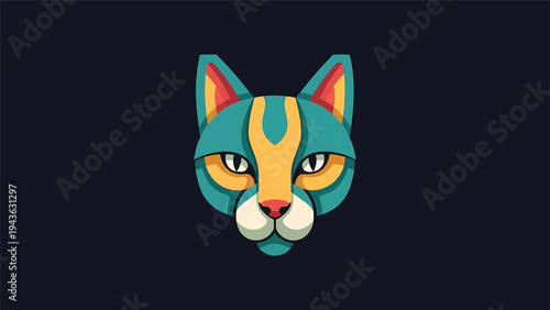 Stylized Geometric Cat Head with Vibrant Teal and Orange Colors.