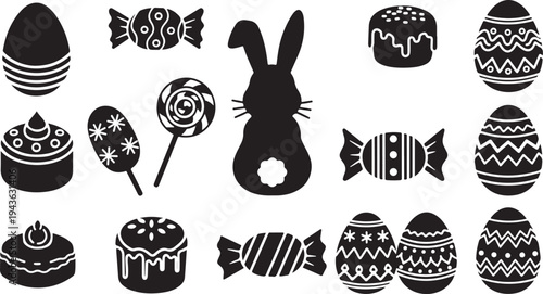 Easter icons set with eggs, candies and bunny silhouette