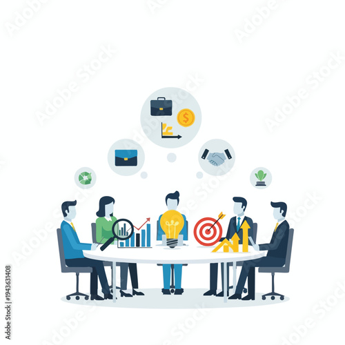 Business meeting with icons representing growth, ideas, goals, and collaboration