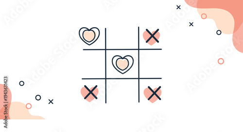 Game of tic-tac-toe is played with hearts and crosses on a decorative background with abstract shapes and circles.
