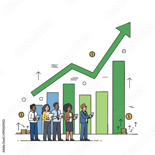 Diverse business team observes upward trend of growth bars, graph, and coins