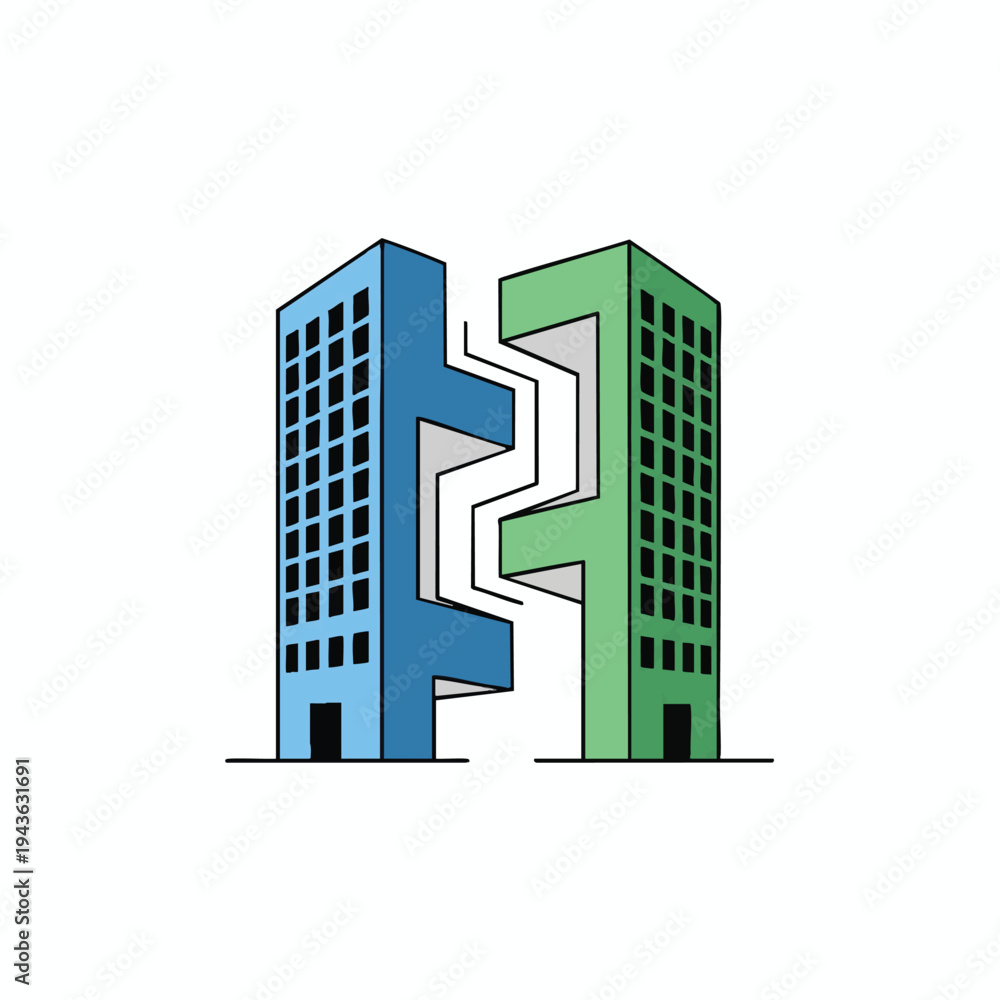 Obraz premium Two stylized buildings interlock with a zig-zag pattern, white background