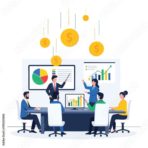 Business meeting in progress, with charts and falling dollar coins