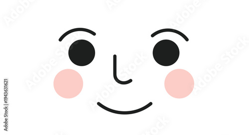 Minimalist happy face illustration uses simple black lines for eyes and mouth with soft pink circles for cheeks.