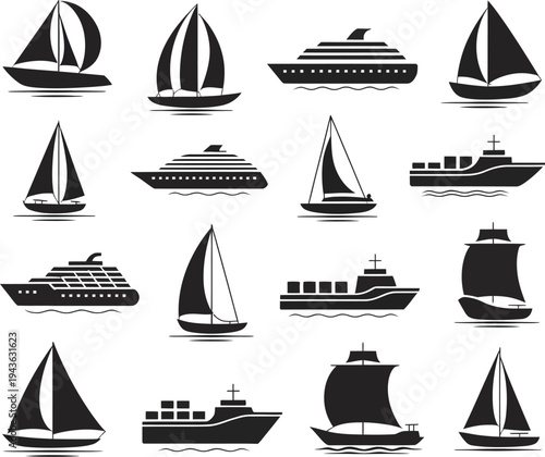 A set of nautical sailing ship icons and sailboat silhouettes featuring vector designs of marine vessels for sea travel, ocean regatta sport, and water transportation logo illustrations