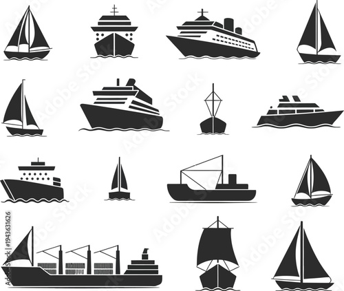 Vector illustration set of sailing ship and sailboat icons featuring nautical silhouettes of sea travel vessels, yachts, and pirate boats for marine transportation symbols