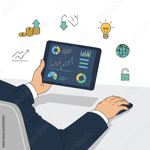 Person in suit analyzes data on tablet, surrounded by business icons