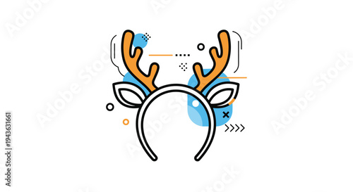 Festive headband with reindeer antlers and ears is surrounded by colorful abstract shapes and geometric patterns.