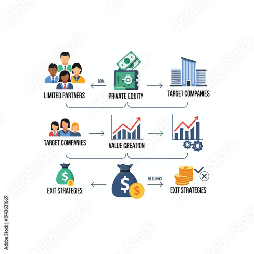 Flowchart depicts private equity investment lifecycle from partners to target companies, value creation, and exit strategies
