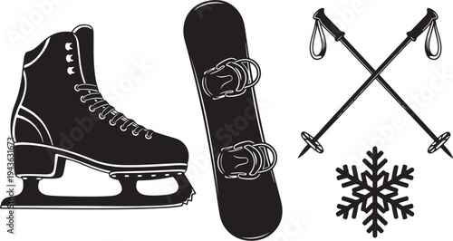 Winter Sports Equipment Illustration with Skate, Board, and Poles