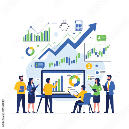 Business team analyzes charts, graphs, and financial data with a laptop
