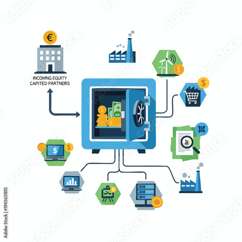 Open safe with money connected to various business icons and coins