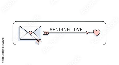 Romantic message graphic shows an envelope and a long arrow pointing towards a pink heart with text sending love.