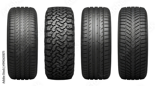 Variety of vehicle tires showing different tread patterns on white background