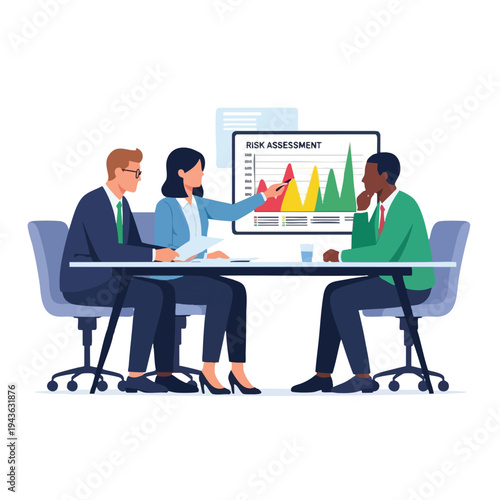 Diverse team discusses risk assessment graph on screen in meeting