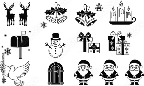 Christmas holiday silhouette vector icon set featuring Santa Claus, reindeer, bells, snowman, gift boxes, burning candles, mailbox, winter dove, and decorative snowflakes for celebration.