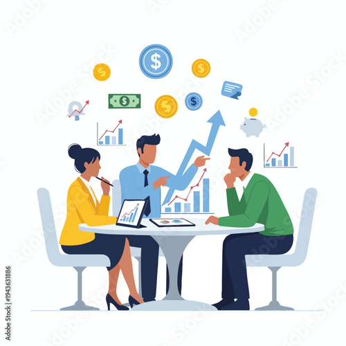 Diverse team analyzes growth charts and financial data at a modern table