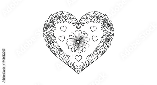 ornate heart silhouette featuring internal floral patterns and smaller hearts is shown in a clean black and white line art drawing for creative use.