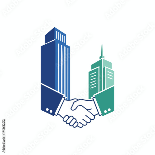 Two stylized buildings shaking hands, symbolizing partnership and agreement