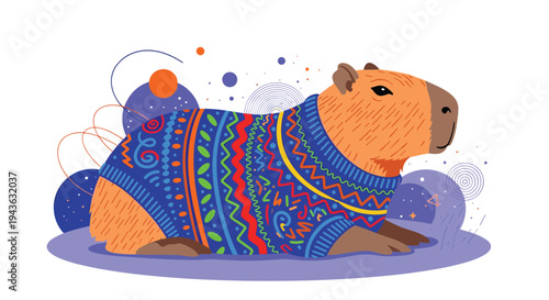 Relaxed capybara lies down while wearing a colorful blue sweater with intricate red and green geometric patterns.