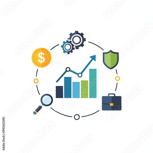 Business growth, analysis, finance, security, and investment icons arranged in a circle