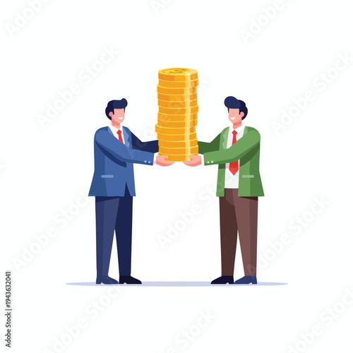 Two men in suits hold a tall stack of gold coins, symbolizing wealth
