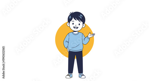 young boy wearing a blue sweater and dark pants stands smiling while gesturing with his hand in a friendly cartoon illustration style.