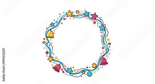 festive round wreath composed of stars bells and colorful dots creates a joyful decorative frame for seasonal holiday greetings and invitations.
