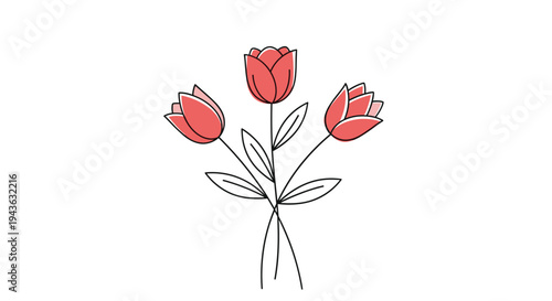 bunch of three pink tulips with green stems and leaves are presented in a minimalist line art style with soft color fill for floral design.