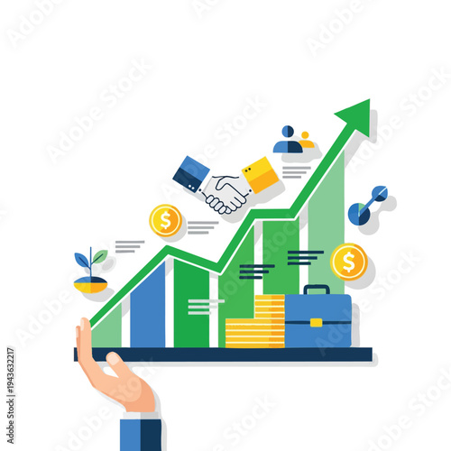 Hand holds chart with increasing trend, showing coins, briefcase, handshake, plant