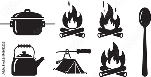 Camping icons and symbols for outdoor adventure activities