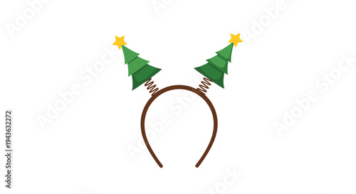 fun christmas tree headband with green trees and yellow stars on spring mounts is shown as a festive holiday accessory in a cartoon style.
