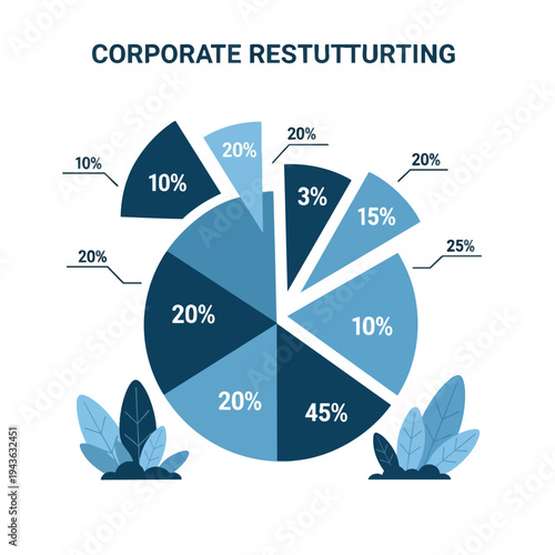 Pie chart showing corporate restructuring with percentages and stylized plants