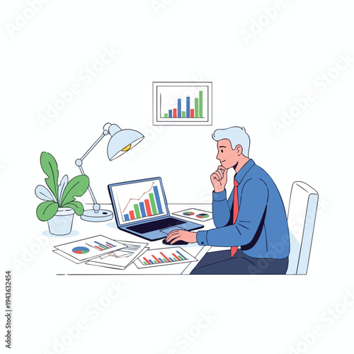 Businessman analyzes charts and graphs on laptop and papers at desk