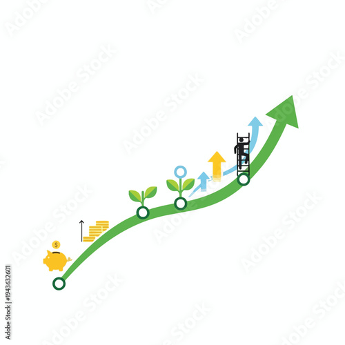A Piggy bank, plants and a ladder lead to upward financial growth